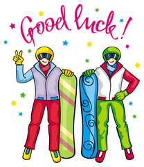 Two figures of snowboarders and originally drawn artistic text