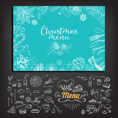 Naklejka na ściany i meble Vector christmas restaurant brochure, menu design. Vector holiday template with xmas hand-drawn graphic. Happy New Year invitation flyer.