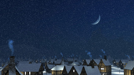 Dreamlike winter townscape. Snow-covered roofs with smoking chimneys at snowfall night with a half moon in the sky.