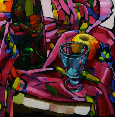 Fototapety  Obraz olejny. Martwa natura z butelką, szklanką, jabłkiem na kolorowej chusteczce