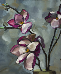 Oil painting still life with  purple  magnolia flowers On  Canvas with  texture  in the grayscale - 96921917