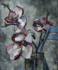 Oil painting still life with  purple  magnolia flowers On  Canvas with  texture  in the grayscale - 96921927