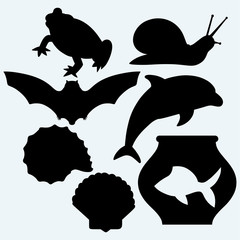 Dolphin jumping, fish in aquarium, frog, bat, garden snail and sea snail. Isolated on blue background. Vector silhouettes