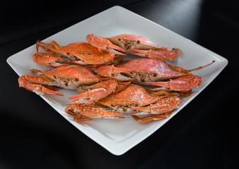 Close-up steamed crabs on black background