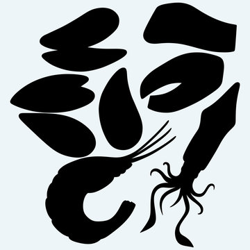 black seafood silhouettes on light blue clip art preview