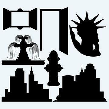 Elements architecture. Panoramic city, statue liberty, fountain, fire hydrant, open door and window. Isolated on blue background. Vector silhouettes