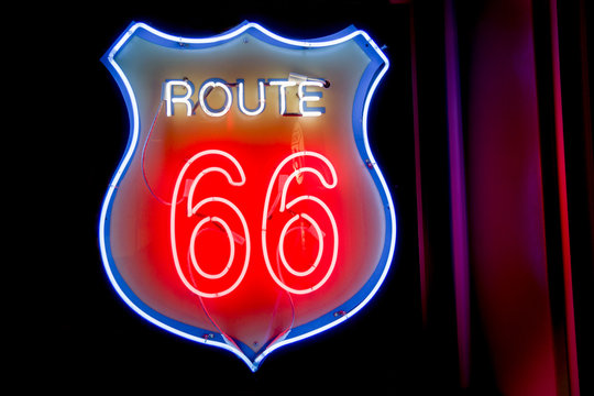 Neon window sign at 50's style Diner on Historic Route 66, Albuq