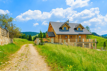 Rural road to wooden traditional mountain house on green field in Pieniny Mountains, Poland