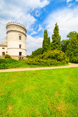Fototapeta na wymiar Castle tower in gardens of beautiful Krasiczyn castle on sunny summer day, Poland