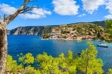 Beautiful bay in Assos fishing village on coast of Kefalonia island, Greece
