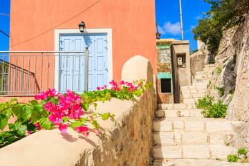 Fototapeta na wymiar Flowers and blue door of a Greek house in Assos village, Kefalonia island, Greece