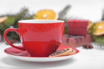 Red cup in a New Year's decor.