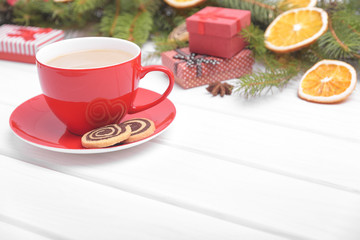 Red cup in a New Year's decor.