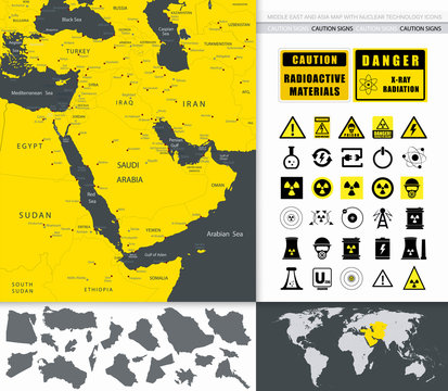 Middle East And Asia Map And Nuclear Technology Icons