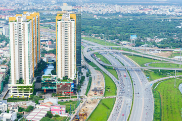 Panoramic view of National Route 1A in Ho Chi Minh city (or Saigon) in sunset, Vietnam