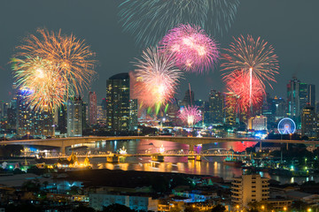 Beautiful fireworks celebrating new year along Chao Phraya River