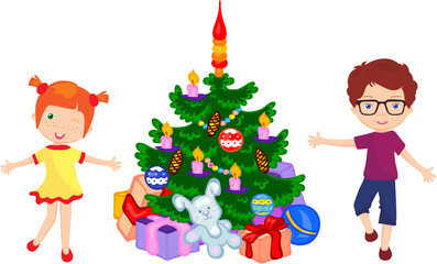 Boy and girl dancing around the christmas tree