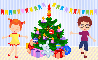 Boy and girl dancing around the christmas tree