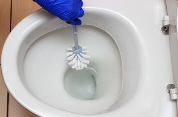 Hand of woman in blue glove cleaning toilet bowl