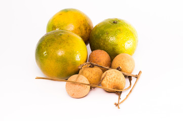 Orange Fruit and Longan Fruit on the white Background