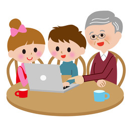 Fototapeta premium 子供 おじいさん 家族 PC