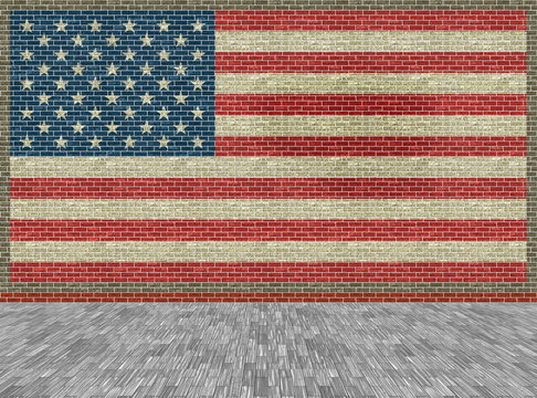Grunge flag of the USA on a brick background with wooden floor