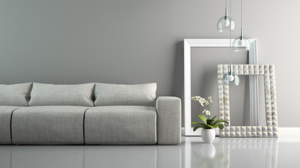 Part of  interior with grey sofa and stylish frames 3D rendering