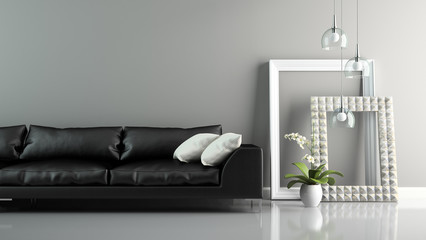 Part of  interior with sofa and stylish frames 3D rendering