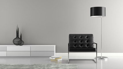 Part of  stylish interior with black armchair 3D rendering