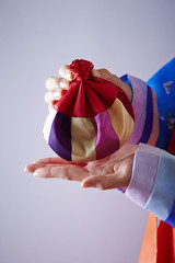 韓服の女性と巾着袋