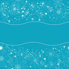 Winter background of beautiful white snowflakes on a blue background. For postcards, greetings, and inscriptions.