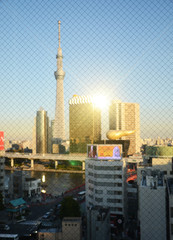 Fototapeta na wymiar Tokyo Sky tree building at sunset through wired glass. Blurred b