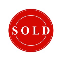 SOLD white stamp text on circle on red background