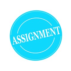 ASSIGNMENT white stamp text on circle on blue background