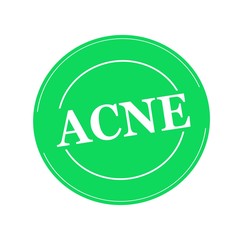 ACNE white stamp text on circle on green background