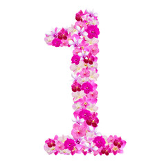 Alphabet number one from orchid flowers isolated on white 
