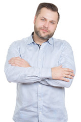 adult male with a beard. isolated on white background. wrist crossed arms on his shoulders, gesture...