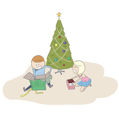 Kids opening their Christmas presents. EPS10 vector illustration