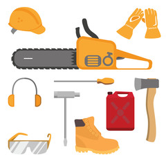 Chainsaw and accessories flat style set. Vector illustration