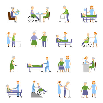 Nursing Elderly People Icons Set 