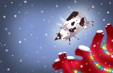 Naklejka premium Cute Flying Cow Above the Christmas Tree