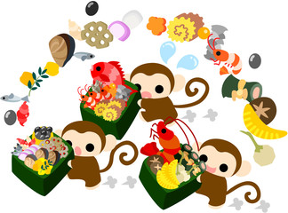 Obraz na płótnie Canvas Pretty monkeys carrying luxurious New Year dishes