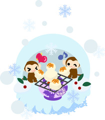 Pretty monkeys eating baked rice cake in the igloo