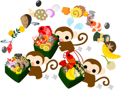Pretty monkeys carrying luxurious New Year dishes