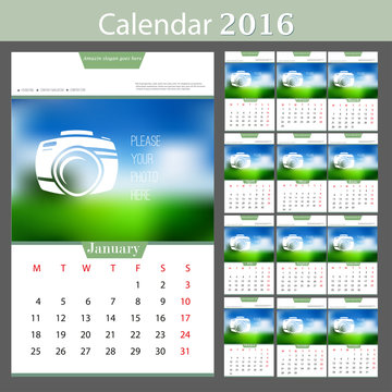 Wall Calendar 2016. Vector Template with Place for Photo. 12 Months