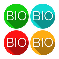 Isolated BIO stickers in four colors. BIO stickers with long shadows. Green lifestyle stickers. Flat style badges with text and long shadow. Environmental theme.