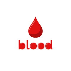Red blood drop on white background. Red blood style text. Donate blood.