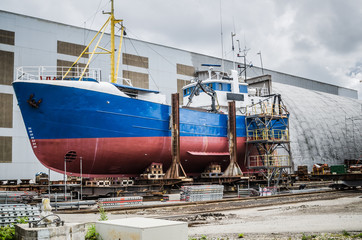 The ship on the stocks in the shipyard