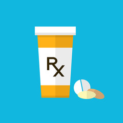 Pharmacy design. Pill bottle with capsules and pill. Flat style design. Pharmacy background. Rx symbol for prescription. Vector design with pill bottle and pills. - obrazy, fototapety, plakaty