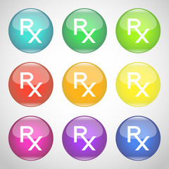 Shiny Rx buttons. Colorful set of symbols of prescription. Medicine and pharmacy. Vector illustration.